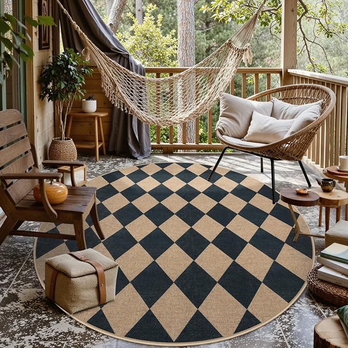 Lahome Colette Checkered Round Rugs 6ft, Washable Easy Jute Circle Patio Rug - Image 7