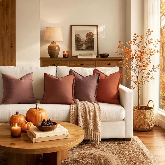 MIULEE Linen Fringe Decorative Fall Throw Pillow Covers Autumn Glaze 20x20 | - Image 3