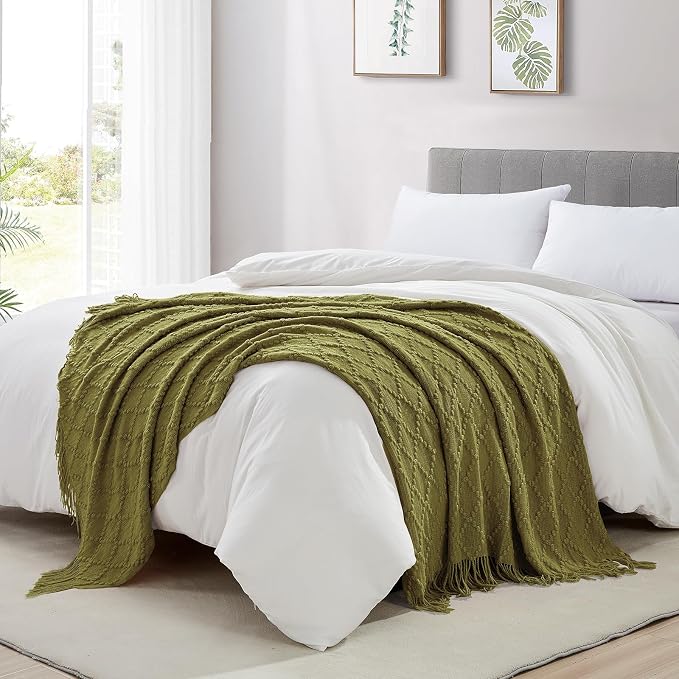 BOURINA Olive Throw Blanket 50 x70 Inches Jacquard Argyle Throw Textured Solid - Image 3