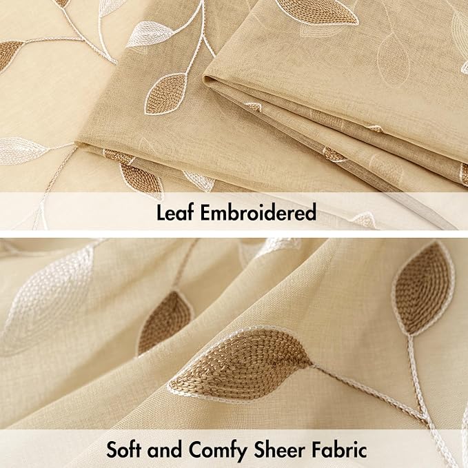 MIULEE Khaki Sheer Curtains 2 Panels Embroidered Leaf Patterned Rod Pocket - Image 4