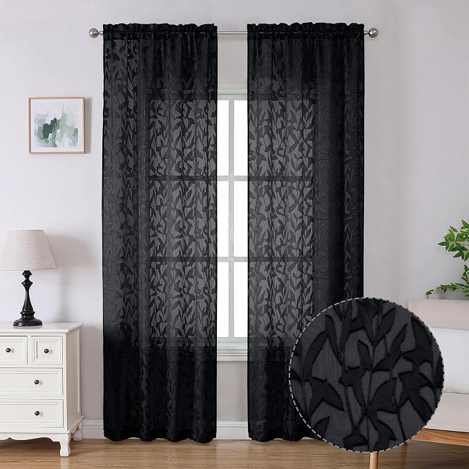 Lecloud Leia Jacquard Black Sheer Curtains 96 Inches Long 2 Panels, Balance by Lecloud