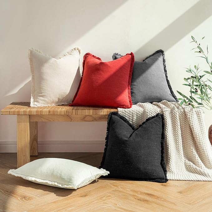 MIULEE Decorative Throw Pillow Covers Neutral Linen Fringe Throw Pillows Set of - Image 6