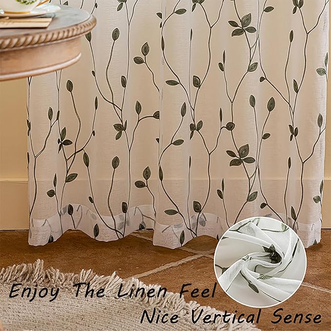 AmHoo 2 Panels Embroidered Leaf Pattern Semi Sheer Curtains Foliage Floral - Image 5