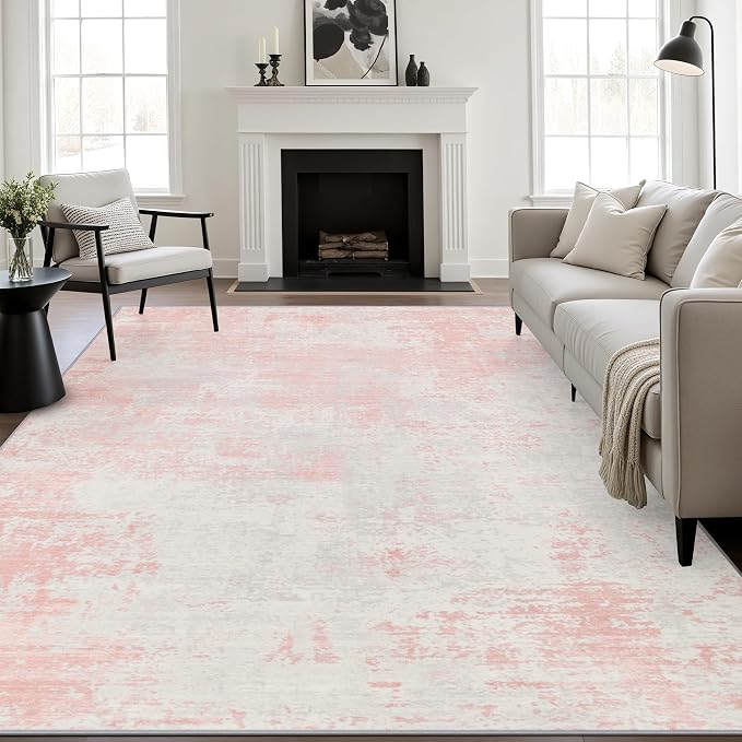 10x14 Area Rug Living Room: Modern Washable Soft Carpet Pink White | by FXRHLP