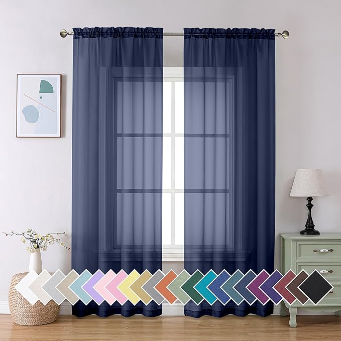 Aiyufeng Sheer Navy Blue Curtains 84 inch Length 2 Panels Set, Airy by Aiyufeng