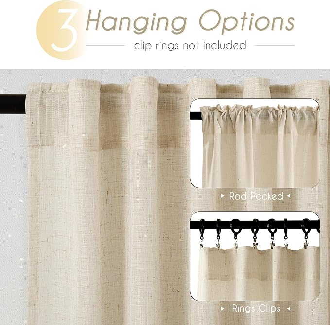 Faux Linen Beige Curtains 94 inches Long - Image 2