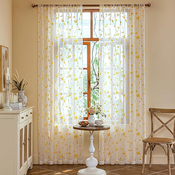 AmHoo 2 Panels Embroidered Leaf Pattern Semi Sheer Curtains Foliage Floral - Image 2