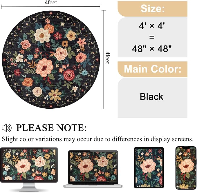 DUKINO 4ft Round Rug, Floral Washable Small Round Area Rug Non Slip, Low Pile - Image 2