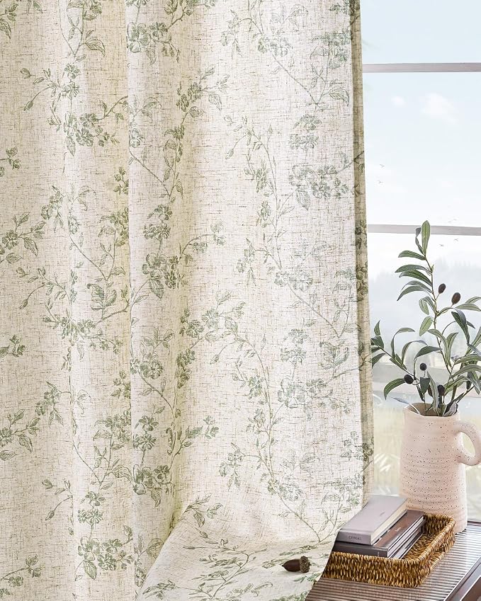 Lazzzy Green Floral Curtains 84 Inch Length Linen Farmhouse Curtain Back Tab - Image 8