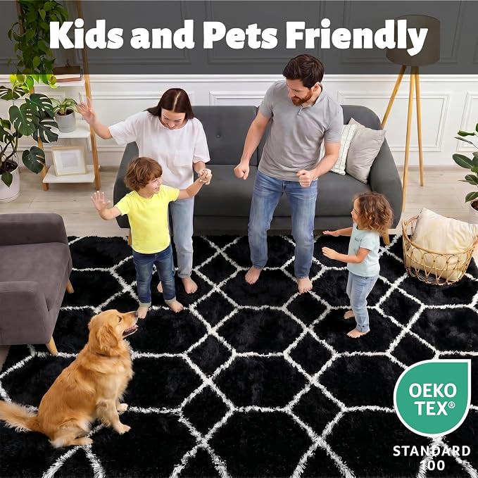 7x9 Area Rugs for Living Room Bedroom, Fluffy Black and White Geometric Rug | - Image 3