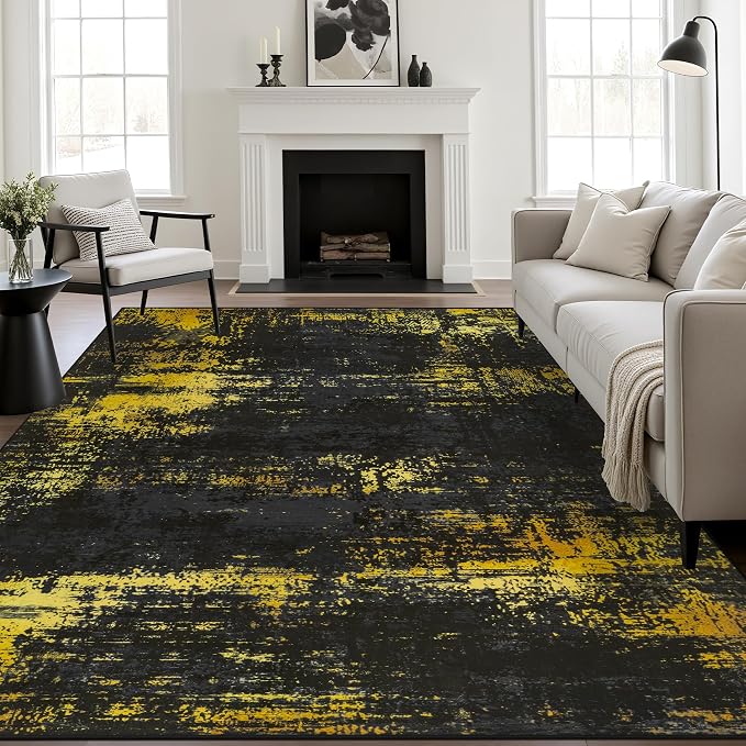 5x8 Area Rug Living Room: Modern Washable Soft Carpet Black Gold | by FXRHLP