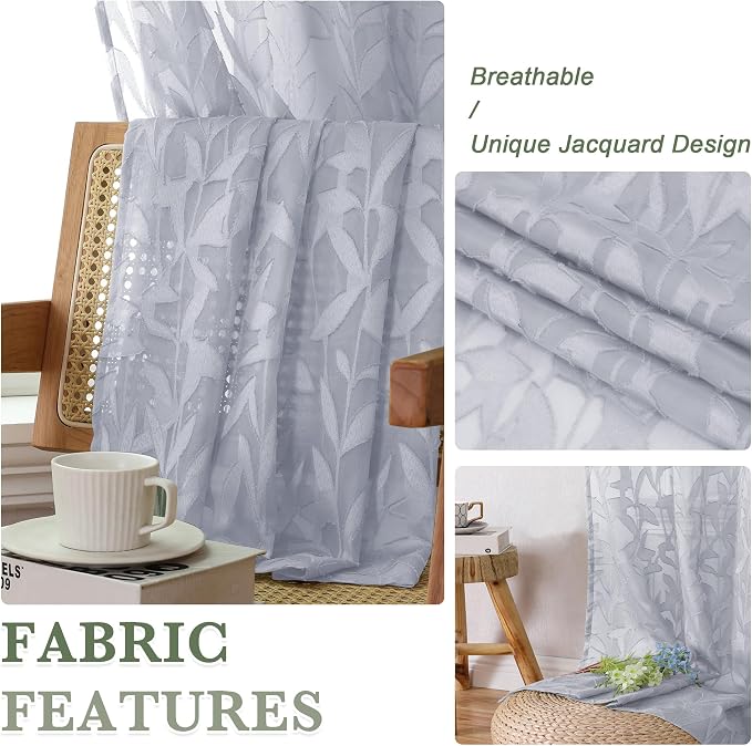 Lecloud Leia Light Grey Sheer Curtains 84 Inches Long 2 Panels, Semi Sheer - Image 3