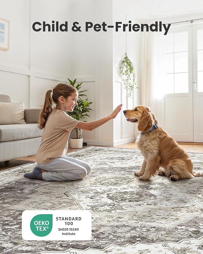 AMADA HOMEFURNISHING Grey 8x10 Area Rug, Washable Low-Profile Large Area Rug - Image 4