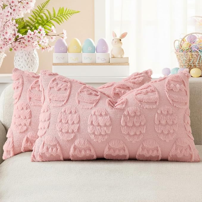 decorUhome Easter Pink Egg Pillow Covers 12x20 Inch Set of 2, Soft Plush Faux by decorUhome