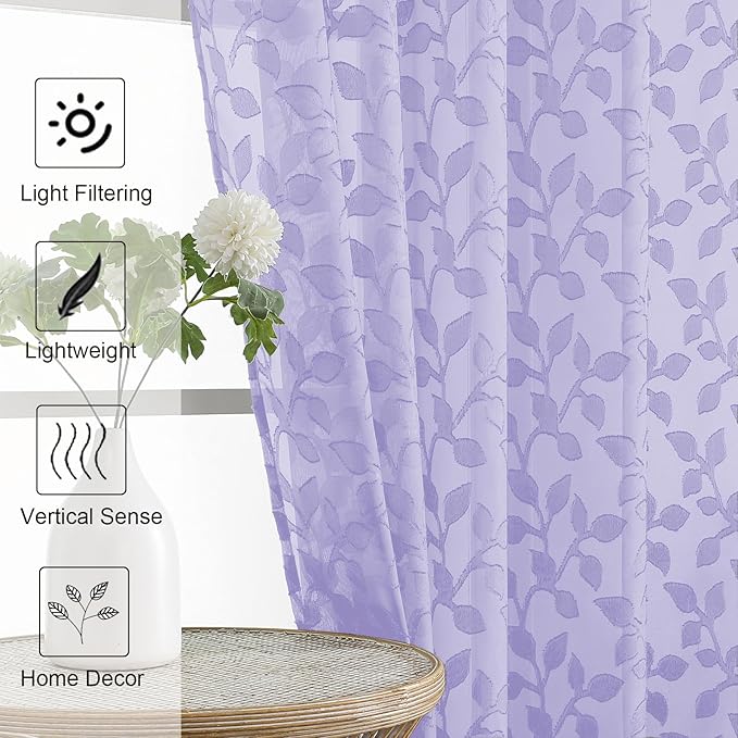 Chyhomenyc Light Purple Sheer Curtains 30 Inch Length, Light Filtering Leaf - Image 6