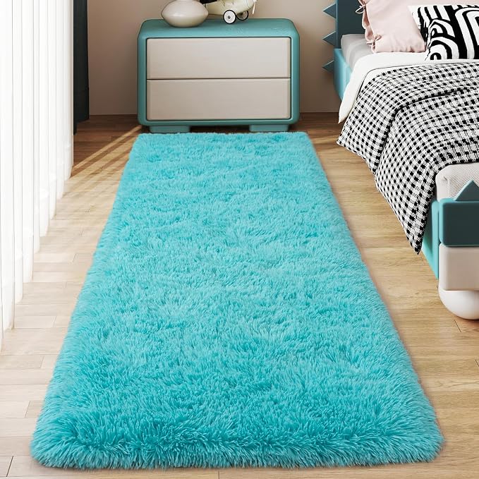 Soft Runner Rugs for Bedroom Hallways, 2x6 Teal Blue Fluffy Shag Throw Area Rug by Ailyei