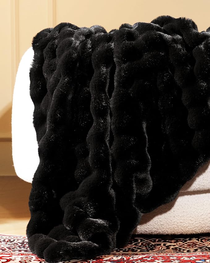 Ultra Soft Cozy Faux Fur Throw Blanket, Fuzzy Plush Thick Bubble Blanket - Image 2