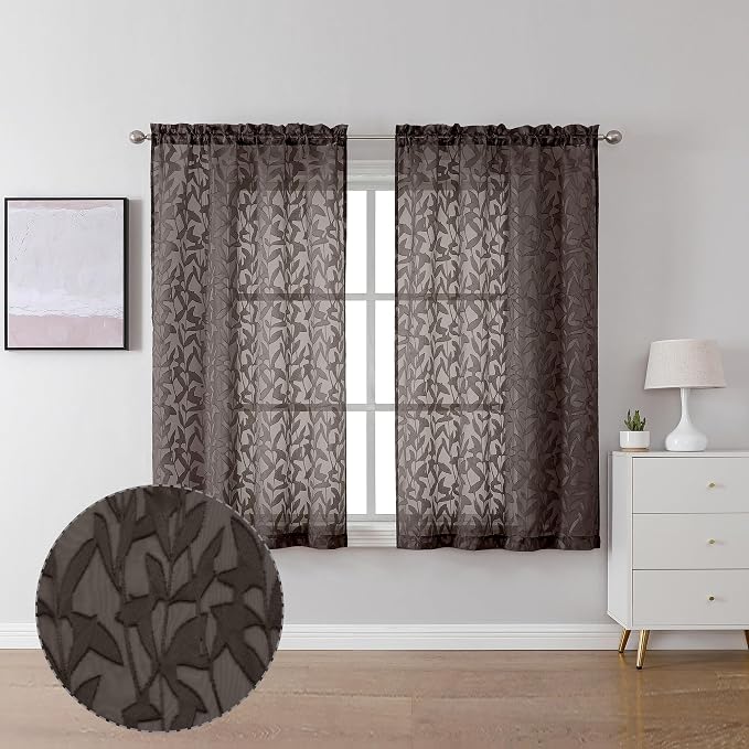 Lecloud Leia Jacquard Textured Chocolate Brown Semi Sheer Curtain 45 Inch Length by Lecloud