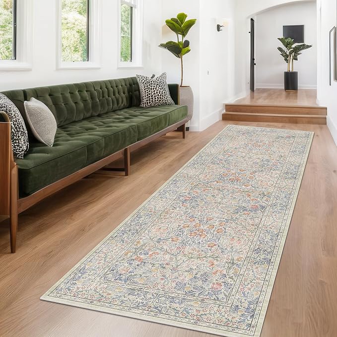 Vintage Beige Blue 3x10 Runner Rug by HazoHaus