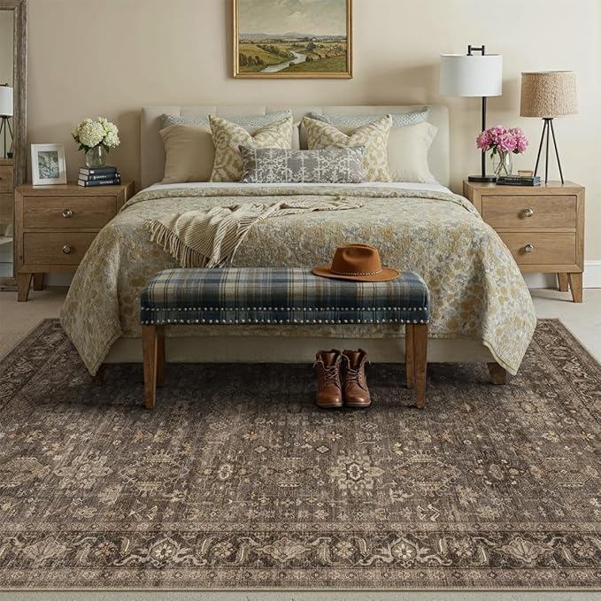 9x12 Washable Area Rug for Living Room Bedroom Vintage Brown Non Slip Carpet - Image 4