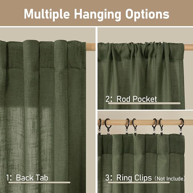LAMIT 95 Inches Long Olive Green Linen Curtains - Image 2