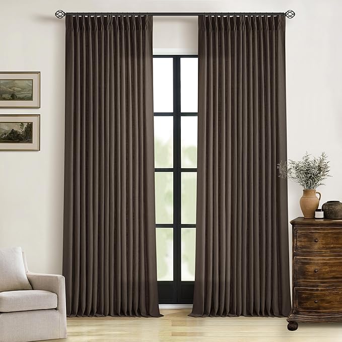Dark Chocolate 120 Inch Pinch Pleated Semi Sheer Linen Curtains 2 Panels | by Twodrapes