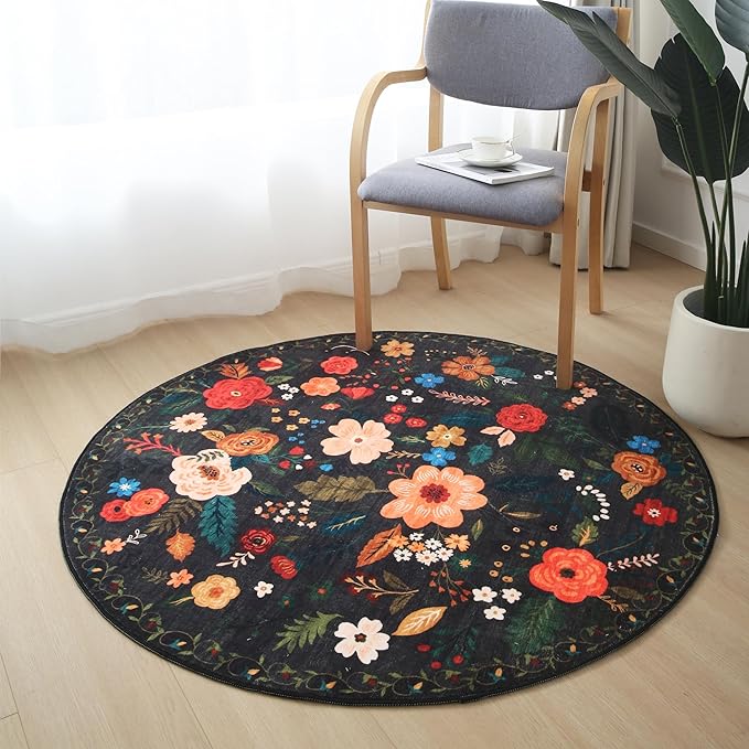 Rugcomf Round Rug 6ft Washable Circle Rug Non Slip Low Pile Boho Floral Small - Image 6