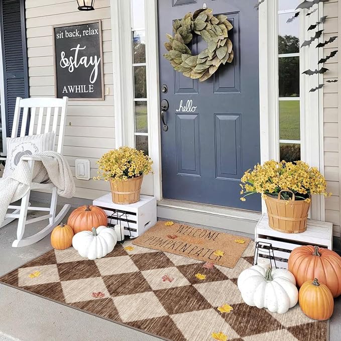 Brown Beige Checkered Entry Rug - Image 9