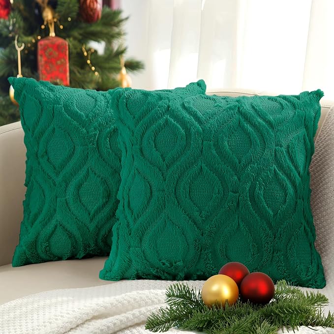 decorUhome Throw Pillow Covers 16x16 Inch Set of 2, Soft Plush Faux Wool Green by decorUhome