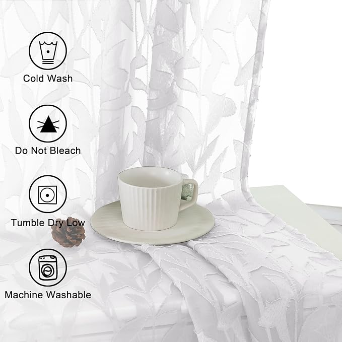 Lecloud Leia Texture Sheer White Curtains 54 Inch Length Set of 2 Panels - Image 3