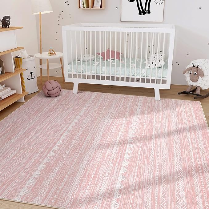 Nakagishi Pink Rugs for Bedroom Girls: 4x6 Washable Boho Large Neutral Area Rug - Image 7