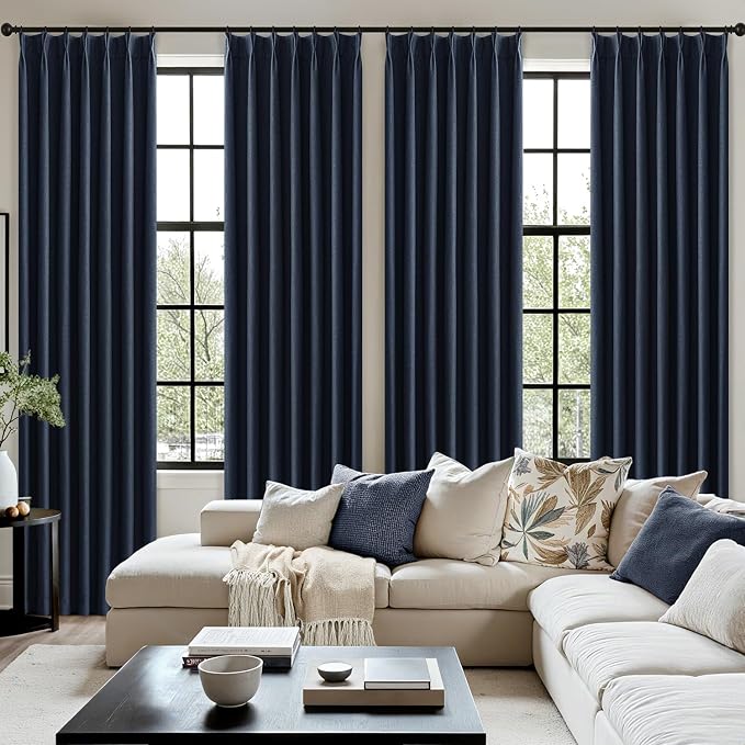 MIULEE Navy Blue Pinch Pleated 100% Blackout Linen Curtains 40x90 Inches | Room - Image 7