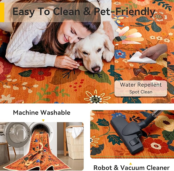 RELEANY Floral Washable 3x5 Area Rugs BurntOrange | Flower Carpet Print Boho - Image 5