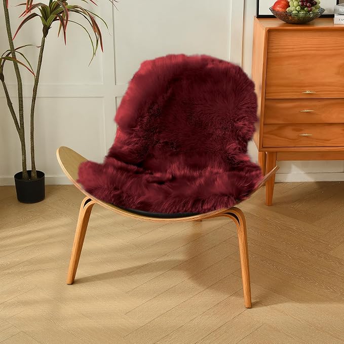 duduta Burgundy Sheepskin Throw Rug 2x3 ft, Fluffy Shag Faux Fur Seat Chair - Image 7
