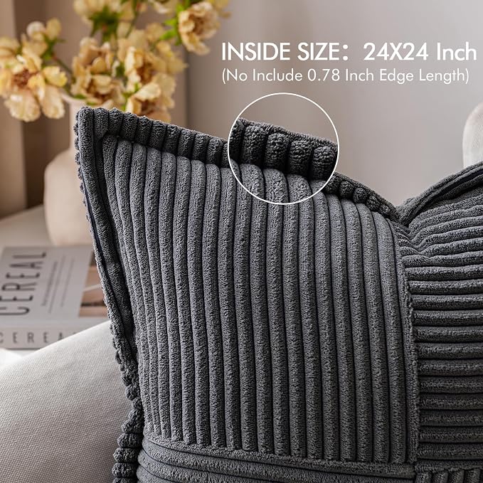 MIULEE Dark Grey Corduroy Decorative Euro Sham Pillow Covers 24x24 Inch - Image 2