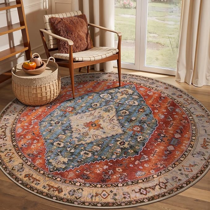SERISSA Boho Round Area Rug, 4ft Washable Non-Slip Circle Rug, Ultra Soft by SERISSAHomeDecorCollection