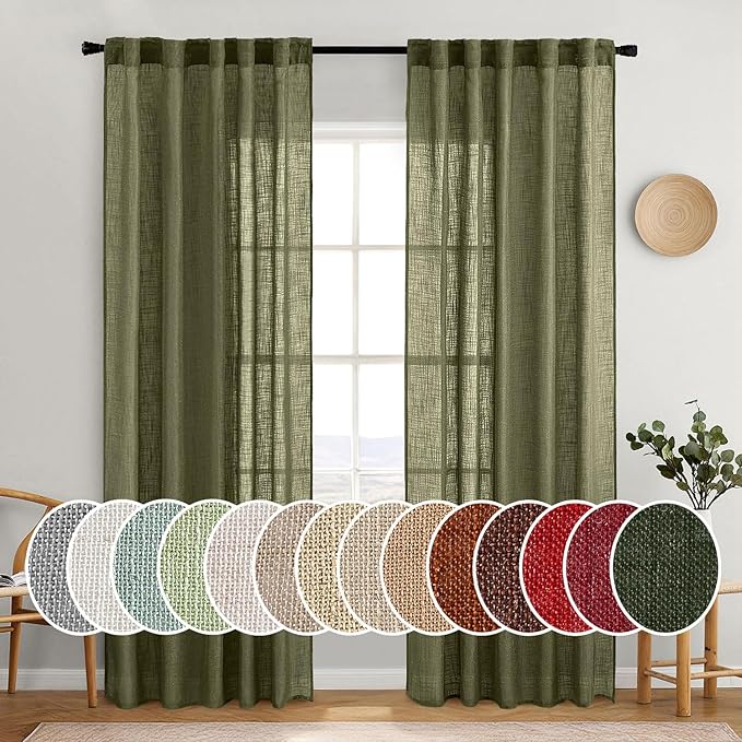 MIULEE Light Olive Green Linen Curtains 84 Inch Length 2 Panels by MIULEE