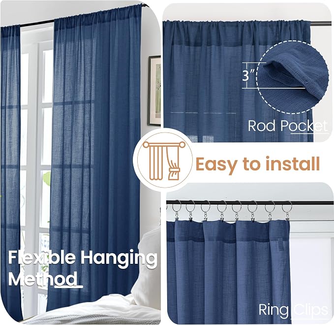BGment Linen Navy Blue Curtains 90 Inch Length - Image 4