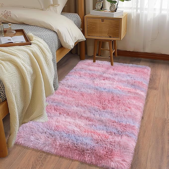 Soft Runner Rugs for Bedroom Hallways, 2x4 Abstract Pink Fluffy Shag Throw Area - Image 2
