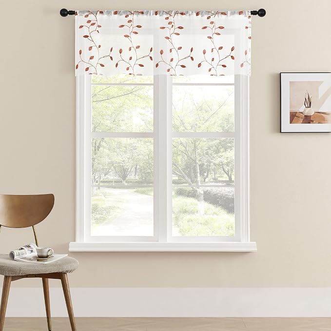 MRTREES Sheer Christmas Curtain Valance, Autumn Leaves Embroidered Valances by MRTREES