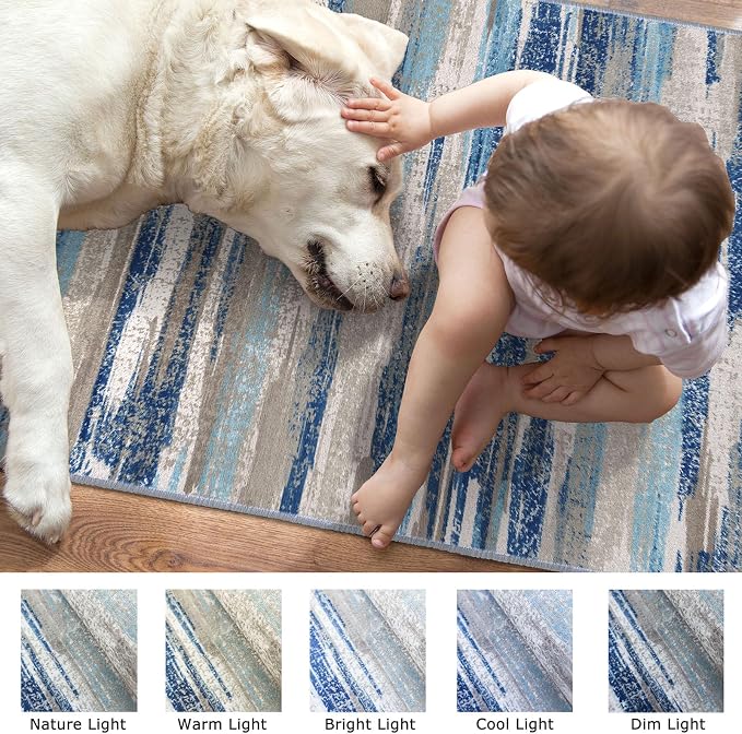 Lansny Modern Abstract Kitchen Rug Set of 2, 2x3 and 2x6 Blue Washable Rug - Image 7