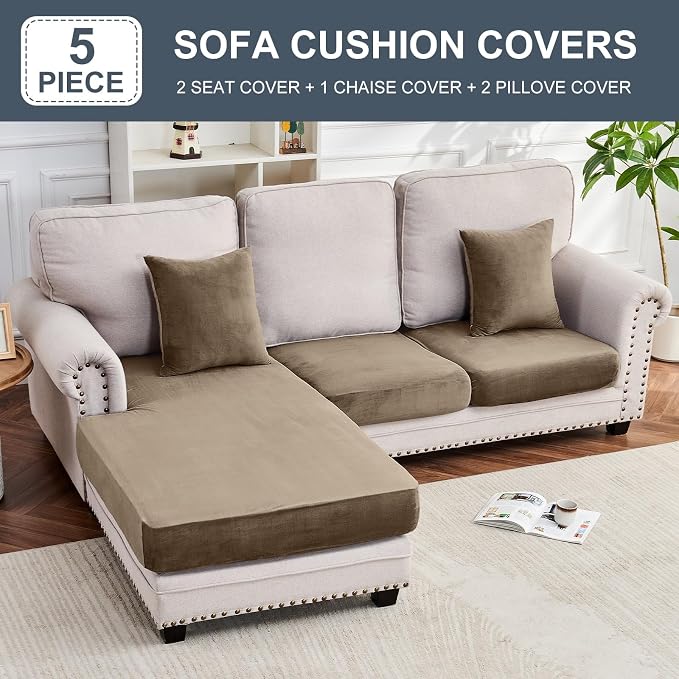 Couch Cover 3-Piece Elastic Velvet Couch Cushion Covers & Chaise Slipcovers - Image 3