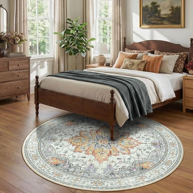 Area Rugs 7ft Washable Non-Slip, Floral Vintage Distress Print Pattern - Image 2