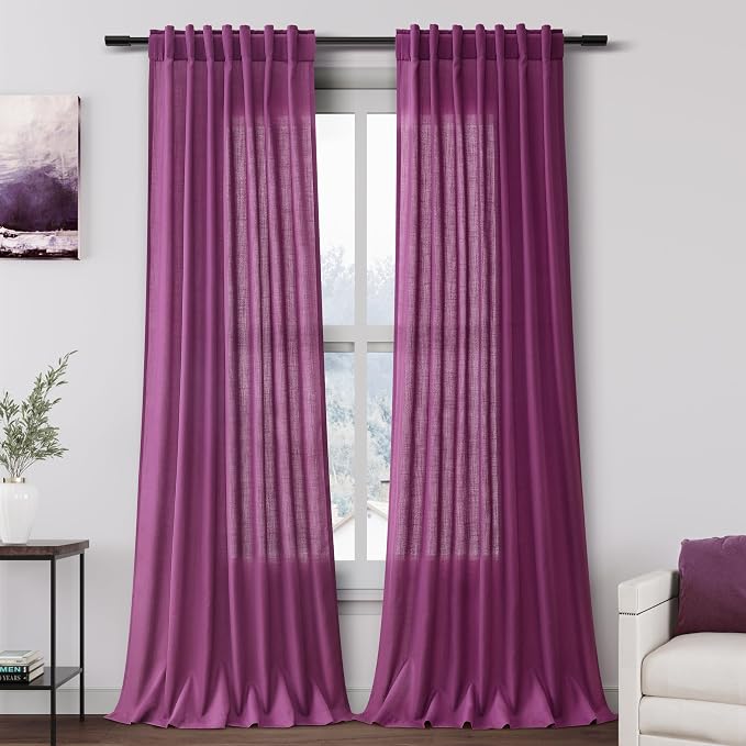Nanspring Grape Purple Linen Curtains 96 Inch Long 2 Panels Set by Nanspring