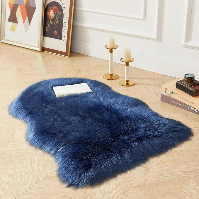 AMTOVO Faux Fur Rug, Dark Blue Small Area Rug, Fluffy Sheepskin Rug, Fuzzy - Image 3