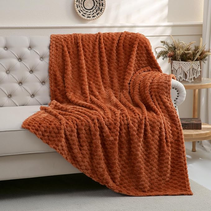 Puncuntex Burnt Orange Throw Blanket 50"×60" inches Fuzzy 3D Jacquard - Image 3