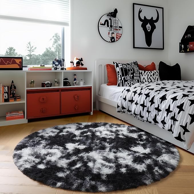 Amdrebio Black White Grey Round Rug 4Ft Circle Area Rugs - Image 3