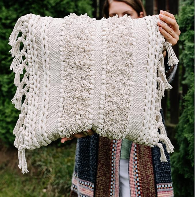 Decorative Boho-Chic Square Pillow Cover 18x18 Handwoven Tufted Braided Cotton - Image 4