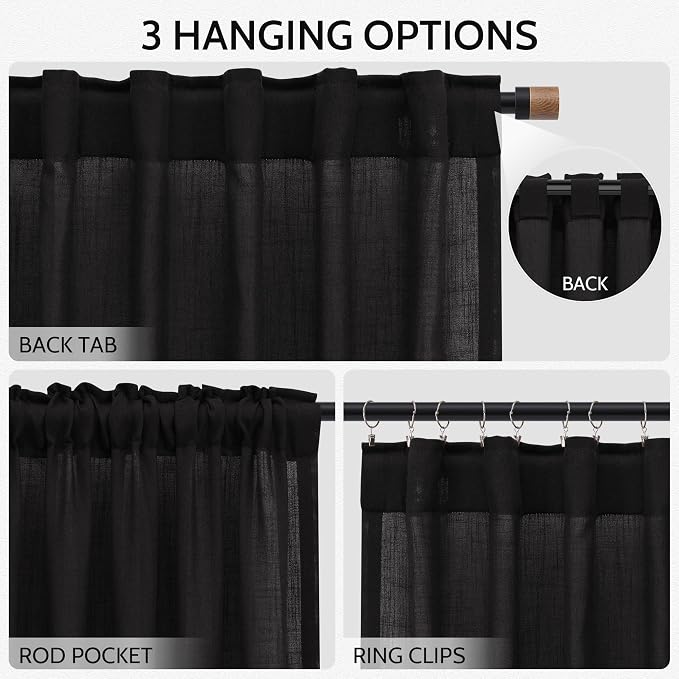 Vintage Black Linen Curtains 63 Inch Length - Image 2