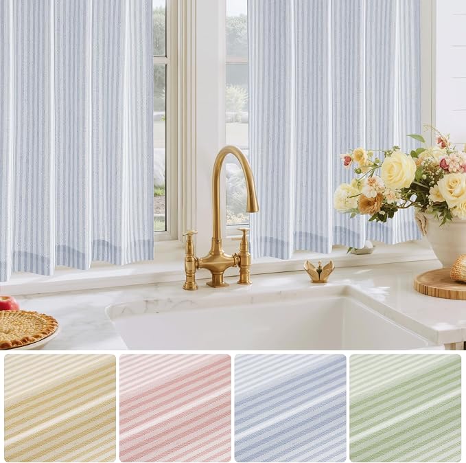 RYB HOME Striped Cafe Kitchen Curtains 24 inch Length, Linen Tickingstripe Tier - Image 6